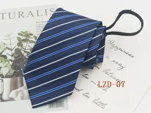 Men's business blue striped pre-tied zipper necktie, easy pull design for formal wear.
