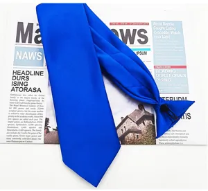 Close-up detail shot of a bright blue pre-tied men suit necktie with a convenient clip.