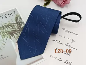 Blue men's business zipper tie detail, geometric pattern fabric, convenient zip-on design.