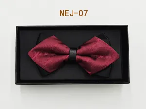 Men's double-layer bow tie in wine red and black, presented in a sleek black gift box.