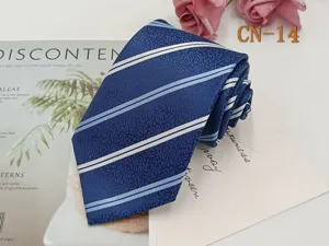 Blue striped business necktie detail, classic polyester jacquard fabric design for men.