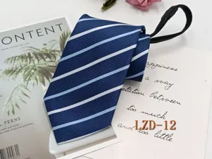 Men formal business zipper tie blue with white stripes easy pull pre tied necktie for men.