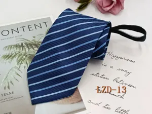 Men's navy blue striped zipper tie business casual lazy necktie with blue stripes.