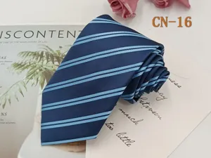 Men formal business striped tie, classic navy blue with light blue stripes, wedding suit necktie.