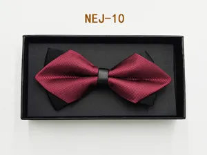 Close-up detail of the elegant two-tone burgundy and black bow tie neatly presented in a black gift box.