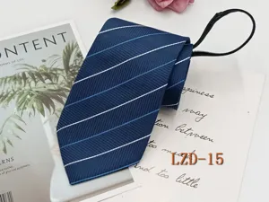 Men's business blue striped zipper tie, easy pull pre-tied necktie for formal wear.