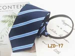 Mens business striped zipper necktie pre-tied navy blue casual office wear accessory