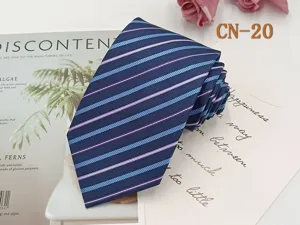 Men's business blue striped necktie detail, classic jacquard woven fabric for formal wear.