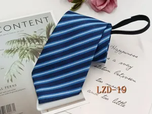 Men's business blue striped zipper tie detail, easy-to-wear pre-tied design for formal wear.
