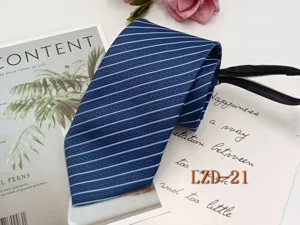 Men's Blue Striped Zipper Tie Business Formal Lazy Necktie 8cm Width Easy to Wear