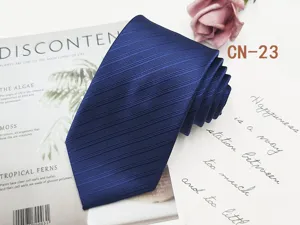 Detail shot of men's business striped necktie in dark blue, showcasing fine woven fabric texture.
