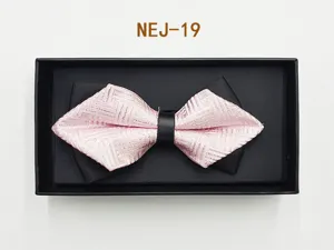 Men's stylish pink textured diamond bow tie with black gift box packaging detail view.