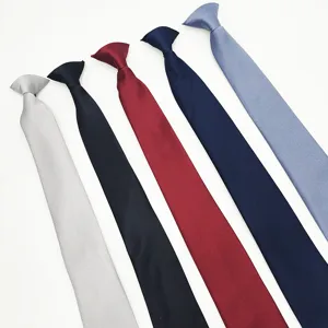 Men Business Solid Color Zipper Tie Pre Tied Necktie Formal Suit Neckwear Wedding Office Daily Wear