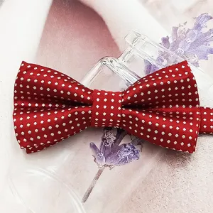 Red white polka dot bow tie, double layer polyester silk fabric for children and cute pets.