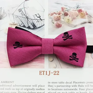 Nœud papillon rose pour enfants avec broderie tête de mort noire, accessoire double couche.