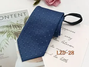 Detailed view of a stylish dark blue striped zipper tie, perfect for formal business wear.