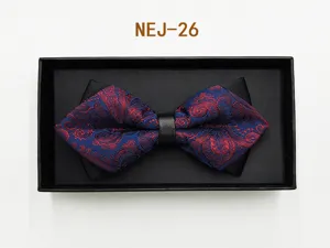 Detailed close-up view of the blue and red paisley bow tie featuring a black center strap.