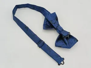 Detailed view of the blue jacquard men's bow tie with adjustable neck strap and metal hardware.