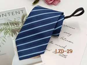 Men's business zipper tie navy blue with light blue stripes pre-tied necktie for formal wear