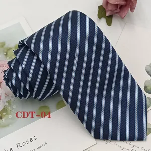 Men's classic navy blue striped necktie formal business polyester jacquard woven tie detail.