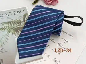 Close-up detail view of a blue striped zipper necktie with purple and light blue lines.