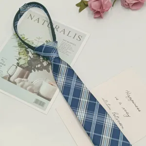 Unisex blue plaid zipper necktie narrow college style pre-tied fashion school uniform tie