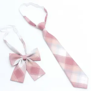 Japanese college style JK uniform pink plaid tie and bow set with adjustable neck strap.