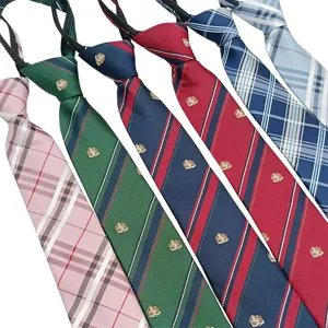 Unisex plaid pre-tied zipper necktie narrow college style school uniform fashion neckwear