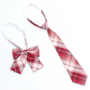 JK uniform red plaid tie and bow set for women, Japanese college style necktie accessory.