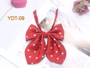 Close-up detail of the red polka dot JK bow tie, showcasing smooth fabric texture and cute design.