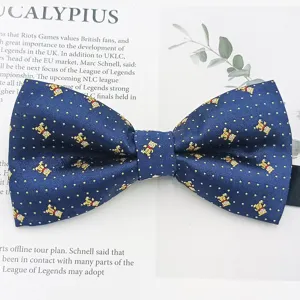 Men's Blue Woven Jacquard Bow Tie with Gold Dots and Cute Bear Pattern for Business