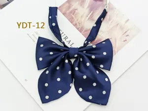 Navy blue polka dot JK bow tie detailed view, cute fabric collar flower for women daily wear.