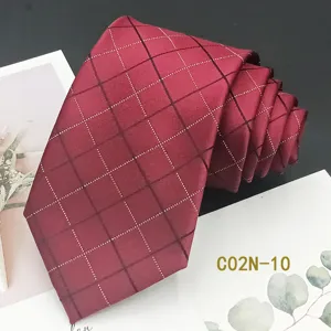 Red plaid jacquard men necktie for formal business wedding suit, detailed view, 8cm width.