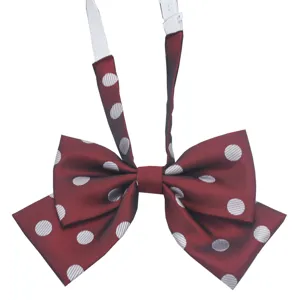 Red polka dot bow tie for women, double layer JK uniform necktie with adjustable strap.