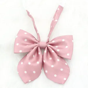 Cute pink polka dot JK uniform bow tie, sweet pre-tied collar ribbon accessory for women.