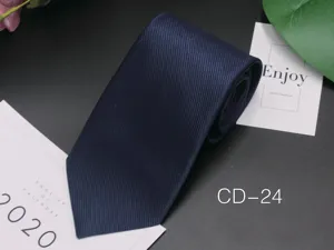 Detailed view of the classic navy blue men's business striped tie, showing fine jacquard texture.