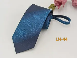 Blue jacquard patterned men zipper necktie detail view showing abstract geometric line patterns