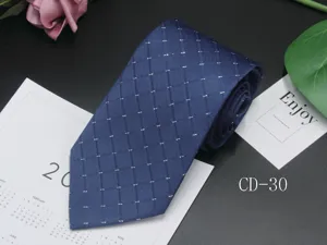 Close-up detail of the classic blue business necktie with delicate checkered pattern design.