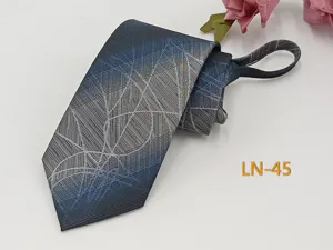 Men's blue grey jacquard zipper necktie business formal wear easy pull stylish tie 7cm width
