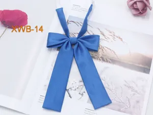 Blue twill bow tie detail, JK sailor uniform accessory, classic solid color ribbon necktie.