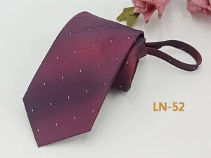 Detail shot of men's purple gradient zipper tie with dashed stripe pattern, 7cm width.