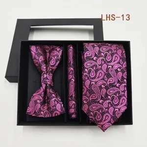 Conjunto regalo corbata pajarita pañuelo paisley morado hombre boda negocio traje