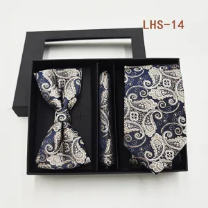 Set regalo corbata pajarita pañuelo paisley azul para hombre boda traje negocios