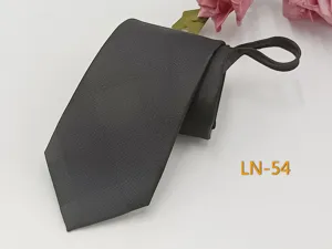 Detailed view of men's dark grey jacquard zipper necktie, formal business wear accessory.