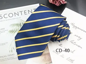 Classic men's blue business tie with yellow diagonal stripes, perfect for formal wear.