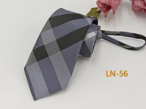 Men's business zipper tie, grey classic plaid jacquard design, convenient easy pull formal necktie.