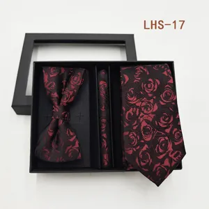 Set de regalo de corbata pajarita pañuelo de boda para hombre con diseño de rosa roja.