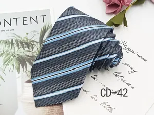 Classic men's business striped tie in grey-blue with white and light blue stripes.