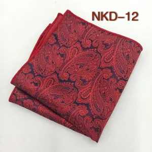Gros plan détaillé de la pochette de costume cachemire rouge et bleu, tissu jacquard.