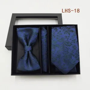 Hombre azul corbata floral pajarita pañuelo caja regalo conjunto traje negocios
